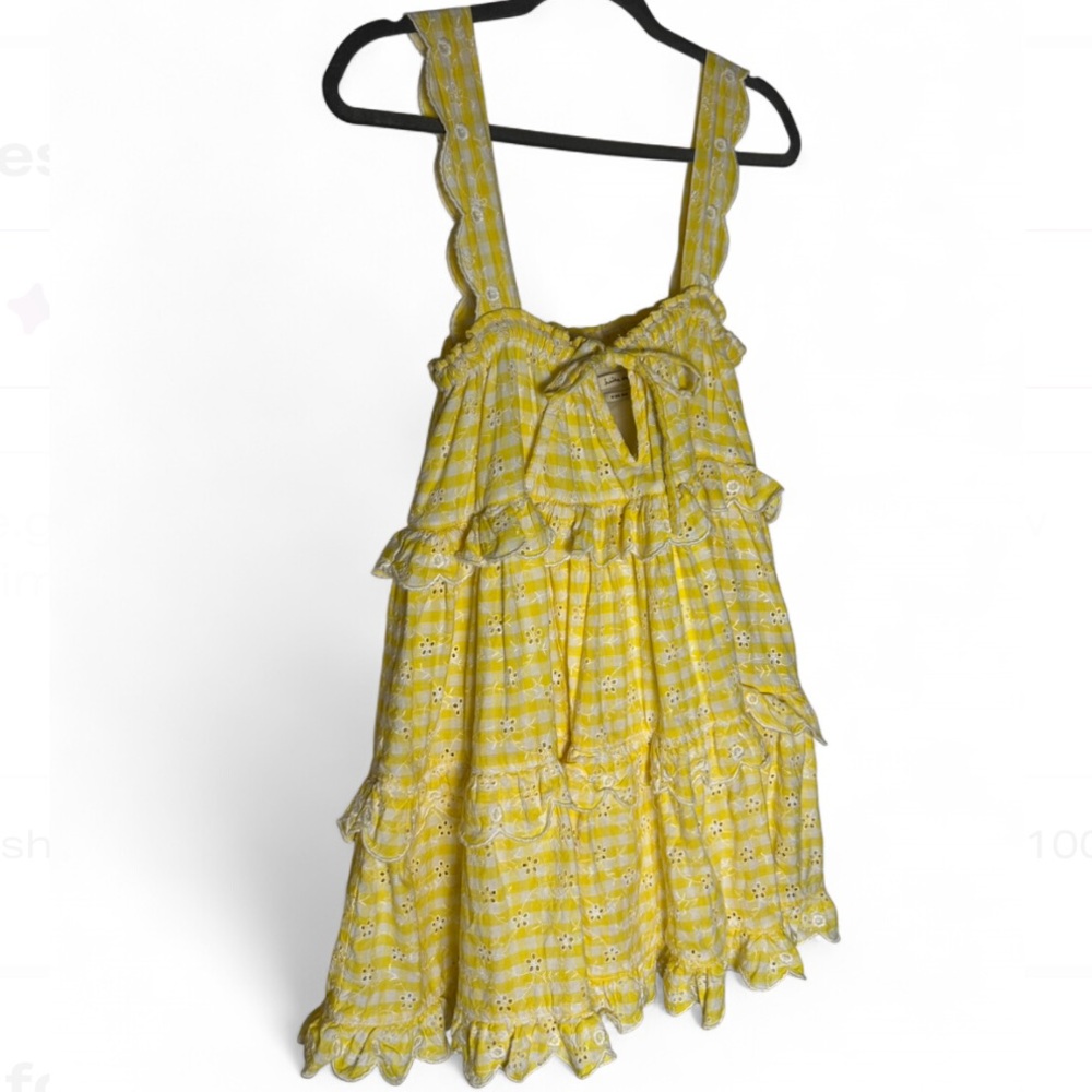 Innika Choo “Iva Gudtais” Yellow Gingham Embroidered Ruffle Summer Dress Size 1